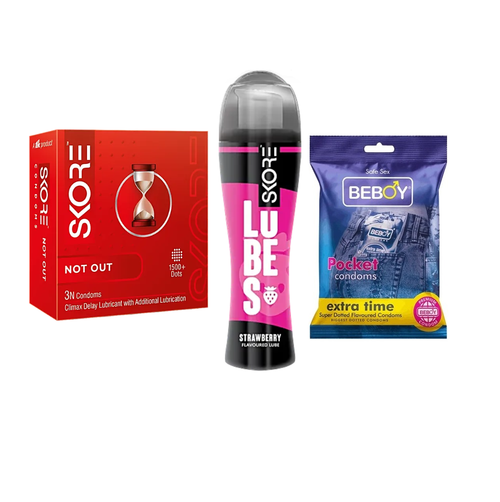 Skore Climax Combo = 6Pcs Condom + Skore Strawberry Lube Gel 60ml + Skore Not Out 3s + Beboy Extra Time 3s
