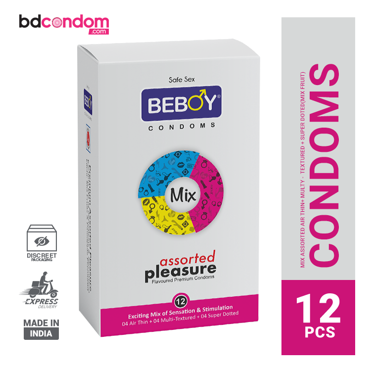 Beboy Mix Extra Assorted Dotted-Ribbed-Contoured-Bulged (Mix Flavoure) Condom - 12Pcs Pack(India)