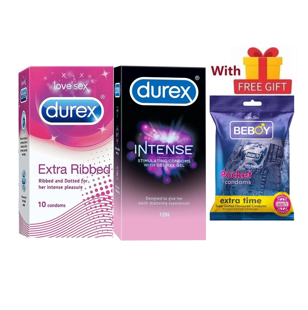 Durex PureGuard Combo = 23Pcs Condom + Durex Extra Ribbed 10s + Durex Intense 10s + Beboy Extra Time Paan 3s + Free Gift