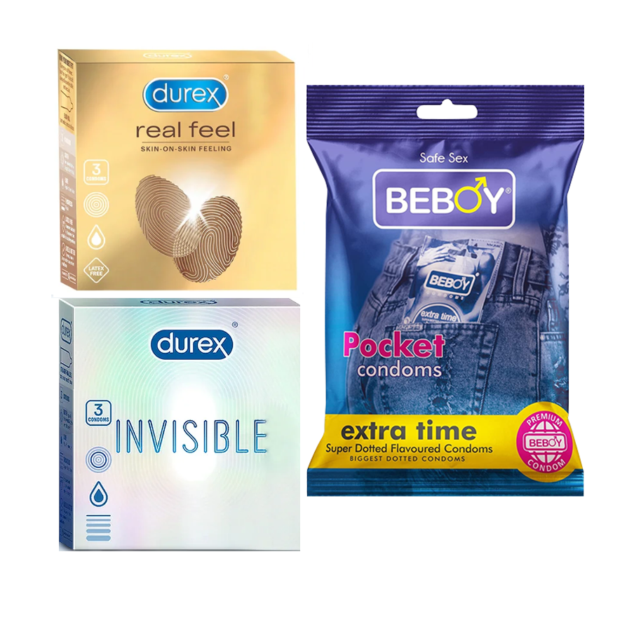Durex VelvetTouch Combo = 9Pcs Condom + Durex Strawberry 3s + Durex Chocolate 3s + Beboy Extra Time 3s Condom