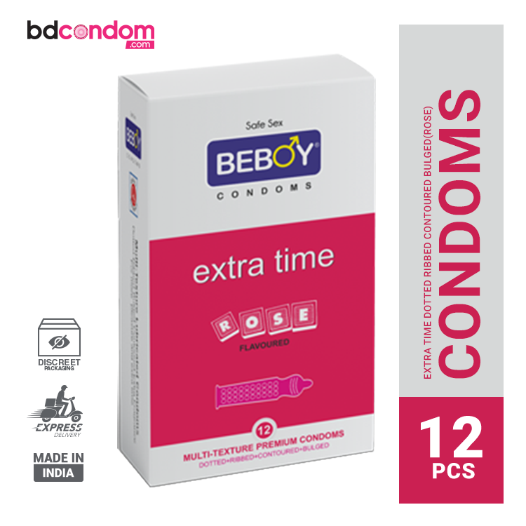 Beboy Extra Time Dotted-Ribbed-Contoured-Bulged (Rose Flavoured) Condom - 12Pcs Pack(India)Rose