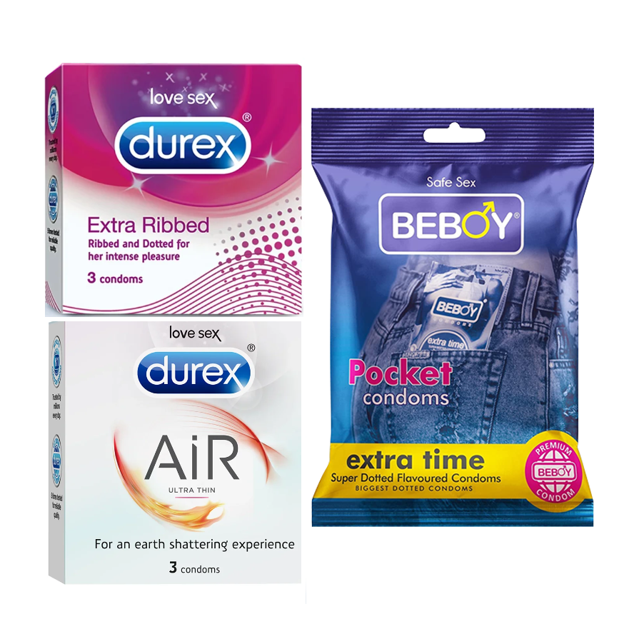 Durex ZenShield Combo = 9Pcs Condom + Durex Extra Ribbed 3s + Durex Air 3s + Beboy Extra Time 3s Condom