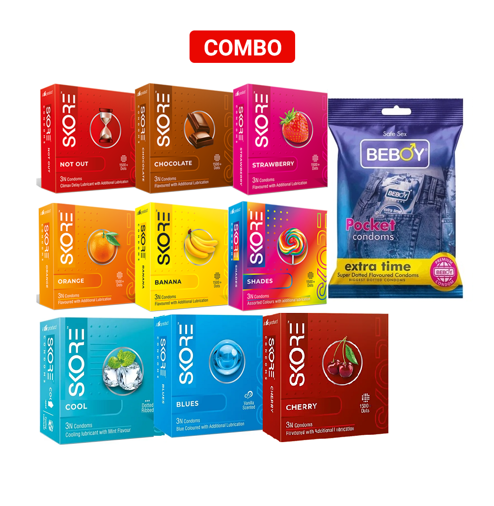 Skore Value Pack Combo = 30Pcs Condom + Skore Not Out 3s + Chocolate 3s+ Strawberry 3s + Orange 3s + Banana 3s + Shades 3s + Cool 3s + Blues 3s + Cherry 3s + Beboy Pan 3s