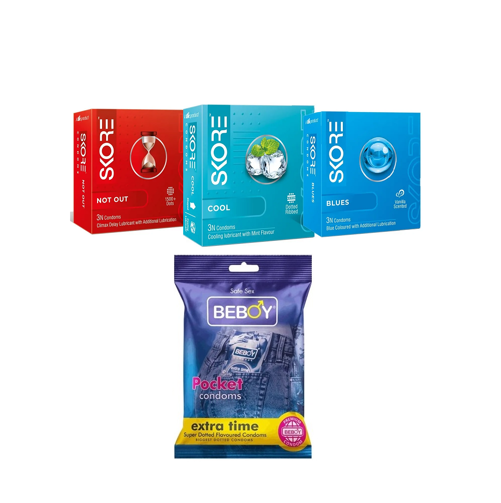 Skore Coloured Combo = 12Pcs Condom + Skore Not Out 3s + Skore Cool 3s + Skore Blues 3s + Beboy Extra Time 3s Condom