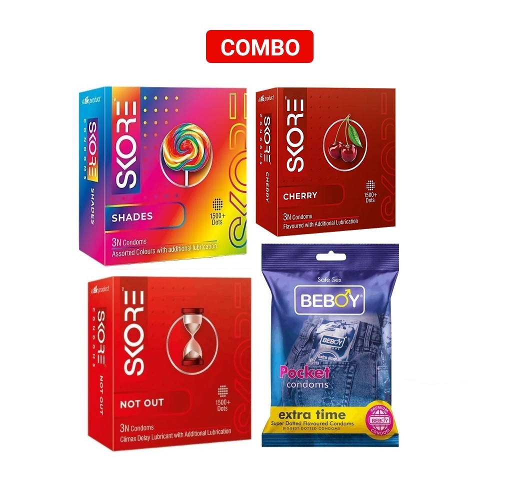 Skore Adventure Mini Combo = 12Pcs Condom + Skore Not Out 3s + Skore Shades 3s + Cherry 3s + Beboy Air Invisible Condom 3s