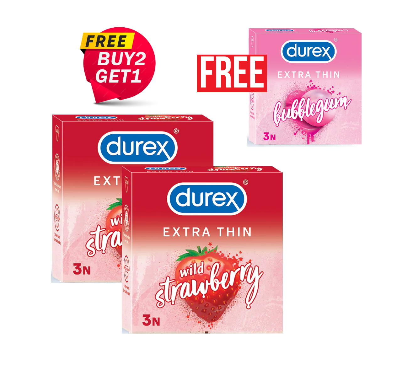 Durex Extra Thin Wild Strawberry Flavoured Condom - 3x2 = 6Pcs (Buy 2 - Get 1 Free BubbleGum 3s = 9pcs ) Pack(India)