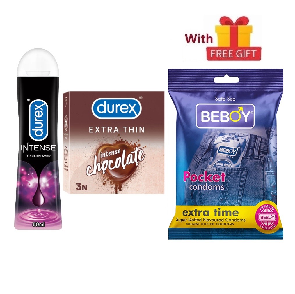 Durex IntenseMeet Combo = 3Pcs Condom + Durex Intense Lube Gel 50ml + Durex Extra Thin Chocolate 3s + With Free Gift Beboy Condom 3s