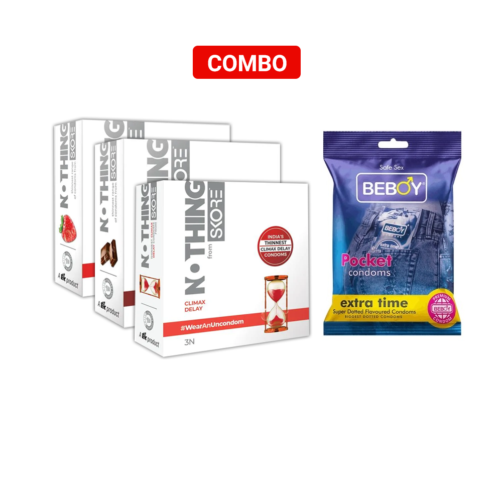 Skore Nothing Combo = 12Pcs Condom - Skore Nothing Climax Delay 3s + Strawberry 3s + Chocolate 3s + Beboy Invisible 3s Condom