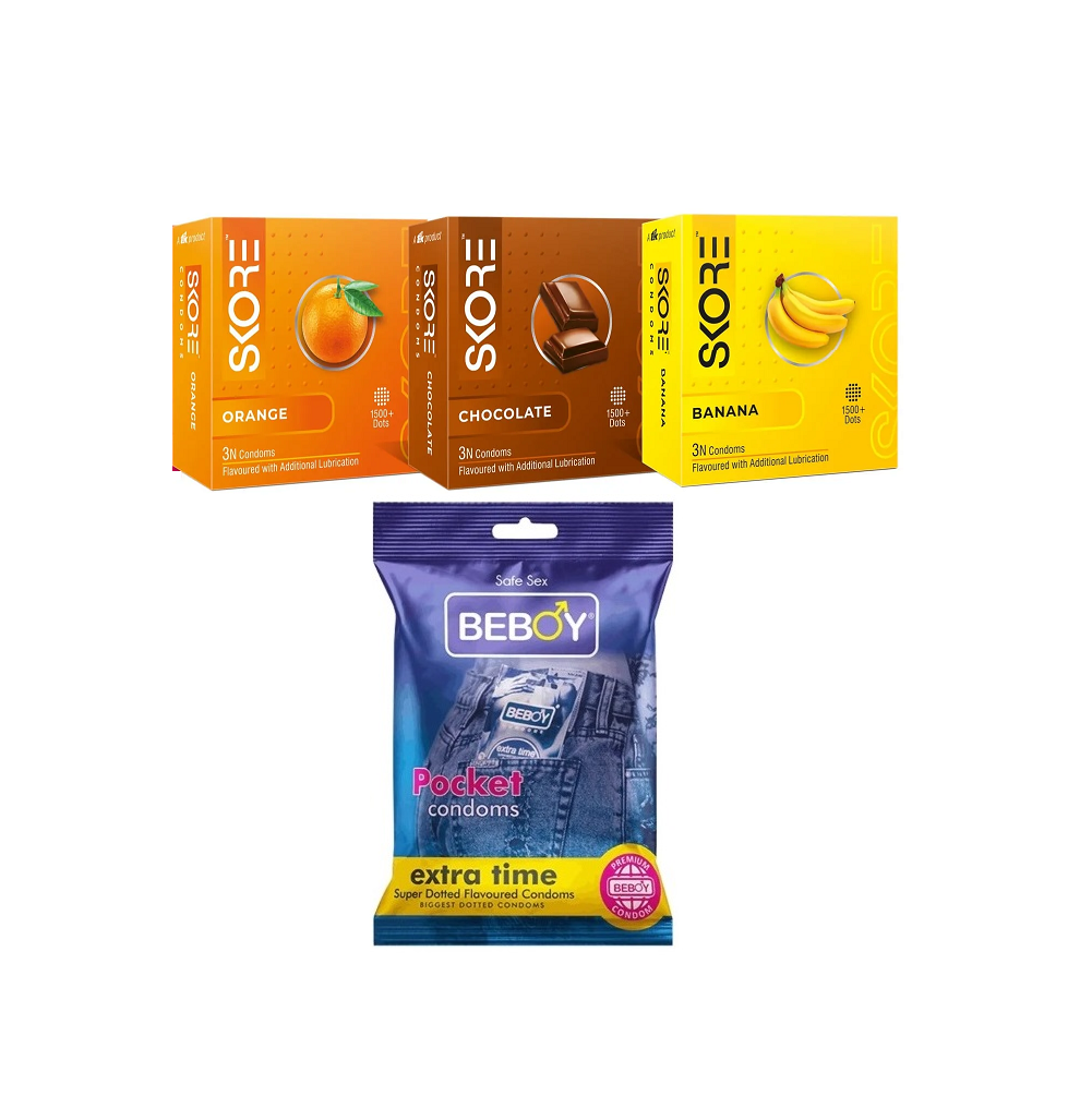 Skore Flavoured Combo = 12Pcs Condom + Orange 3s + Banana 3s + Chocolate 3s + Beboy Extra Time 3s Condom
