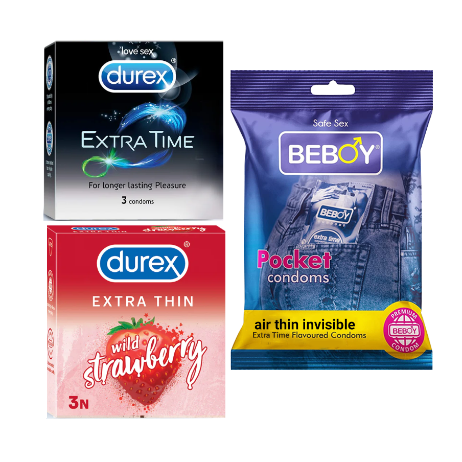 Durex Mutual Meet Combo = 23Pcs Condom + Durex Extra Ribbed 10s + Durex Mutual Climax 10s + Beboy Extra Time Paan 3s + Free Gift