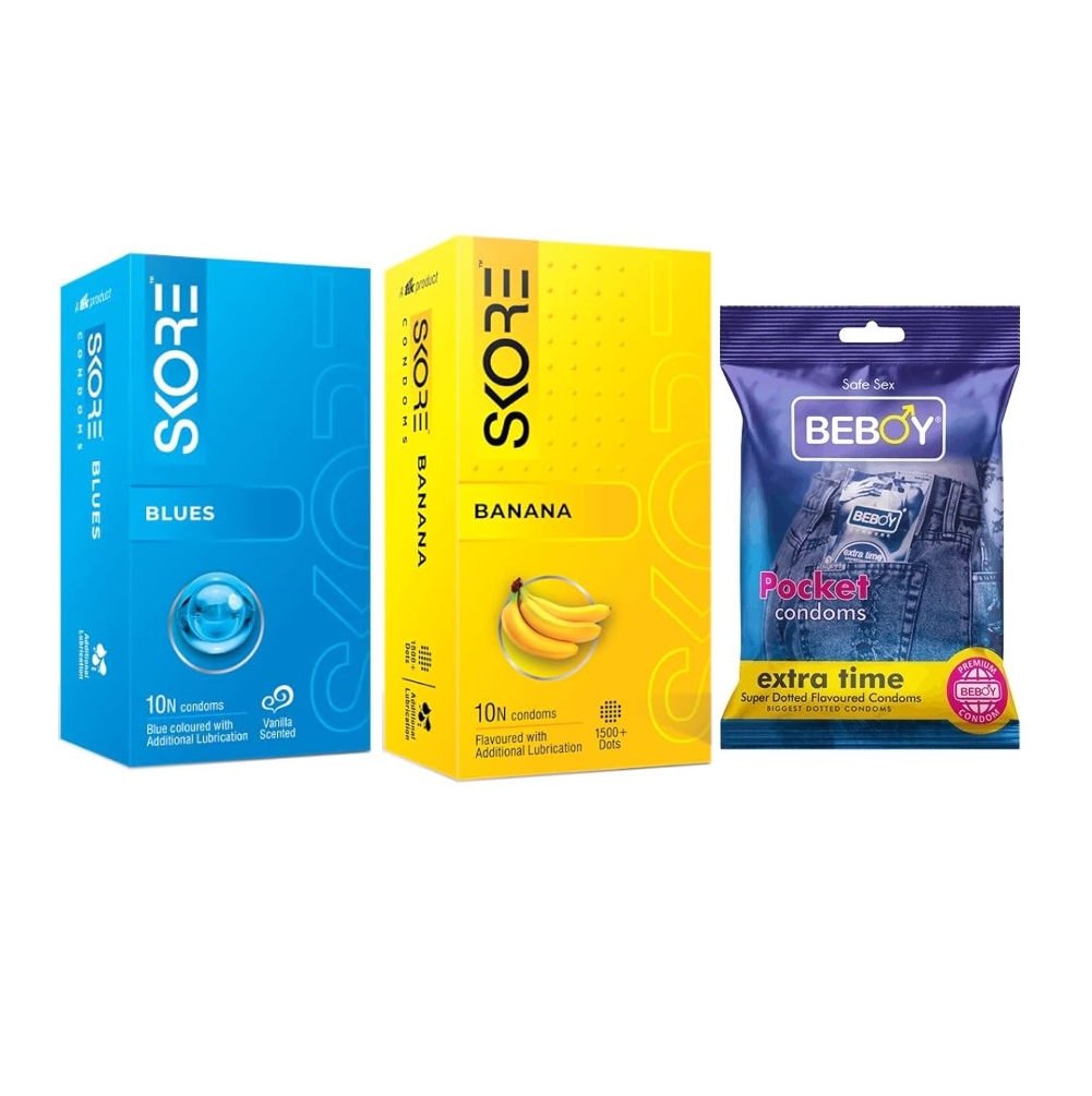 Skore Blues Combo = 23Pcs Condom - Skore Blue 10s + Skore Banana 1500+ Dotted 10s + Beboy Extra Time 3s