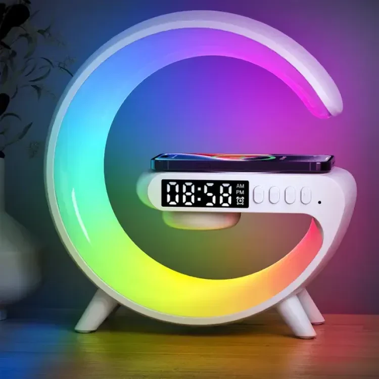 Home Decoration Alarm Clock Led Table Lamp Small G Shaped Wireless Phone Charging Stand with Speaker