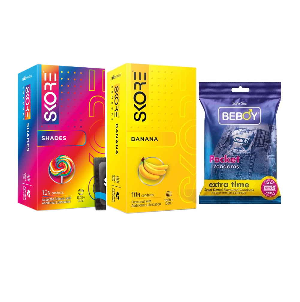 Skore Shadeup Combo = 23Pcs Condom - Skore Shades 1500+ Dots 10s + Skore Banana 10s + Beboy Extra Time 3s