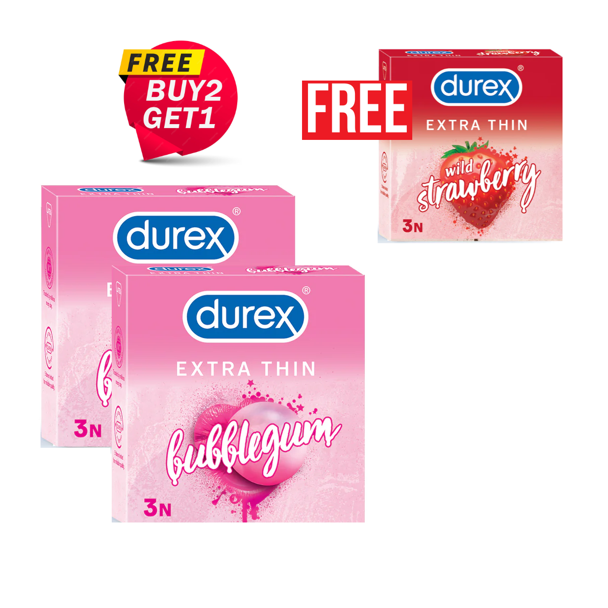 Durex Extra Thin Bubblegum Flavoured Condom - 3x2 = 6Pcs (Buy 2 - Get 1 Free Strawberry 3s = 9pcs) - India