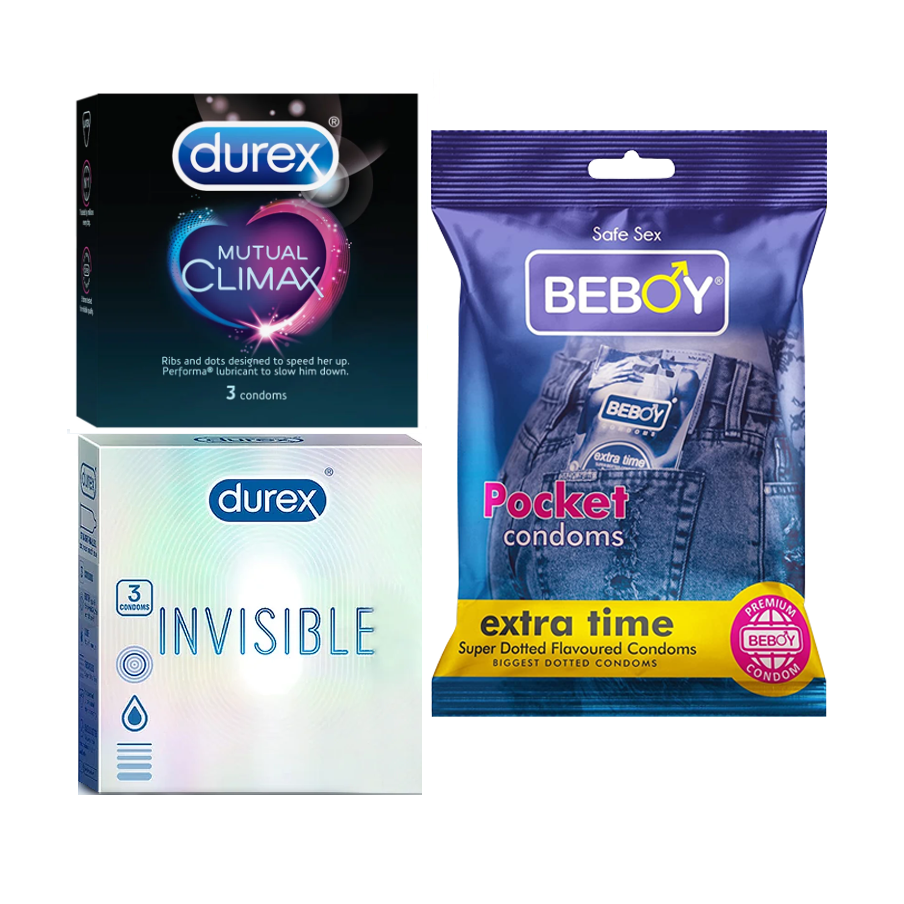 Durex SafeSuite Combo = 9Pcs Condom + Durex Mutual Climax 3s + Durex Invisible 3s + Beboy Extra Time 3s Condom