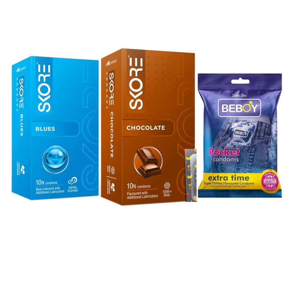 Skore BlueLove Combo = 23Pcs Condom - Skore Blues 10s + Skore Chocolate 10s + Beboy Extra Time 3s