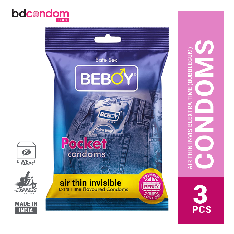 Beboy Extra Time Air Thin Invisible Condom (BubbleGum Flavour) Pocket Pack- 3Pcs(India)