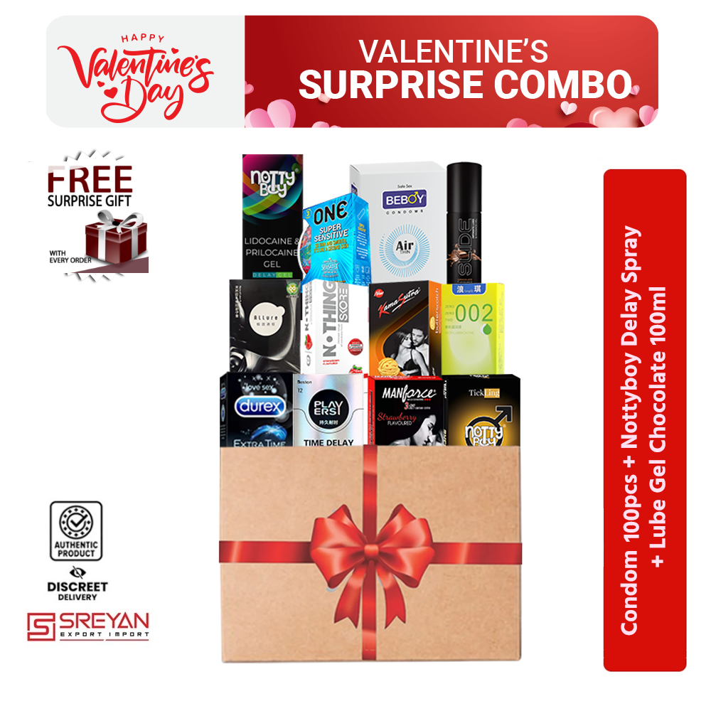 Valentine's Surprise Combo - Condom - Lube Gel - Delay Spray for Him & Her Combo Multi-Variant - Durex + Manforce + Skore + Nottyboy + Beboy + Kamasutra + Players + 002 Rich + Allure + One
