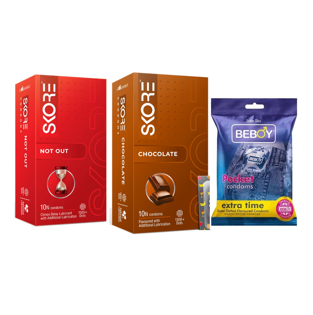 Skore Notty Combo = 23Pcs Condom - Skore Not Out 10s + Skore Chocolate 10s + Beboy Extra Time 3s