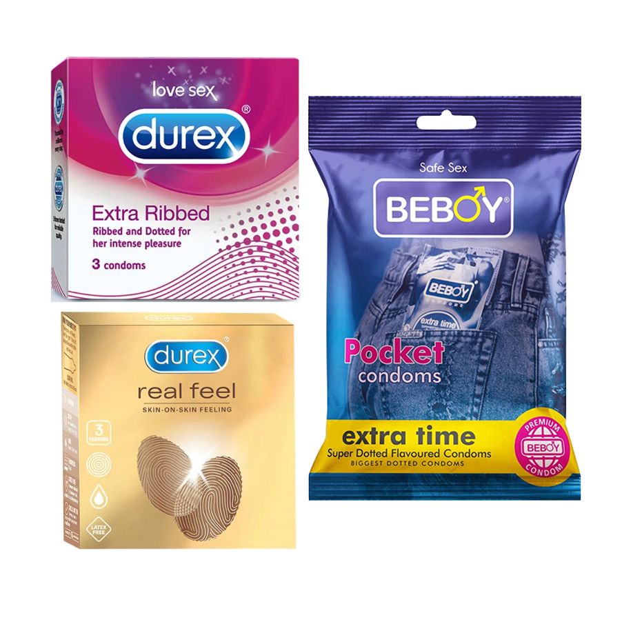 Durex SafeTrek Combo = 9Pcs Condom + Durex Extra Ribbed 3s + Durex Real Feel 3s + Beboy Extra Time 3s Condom