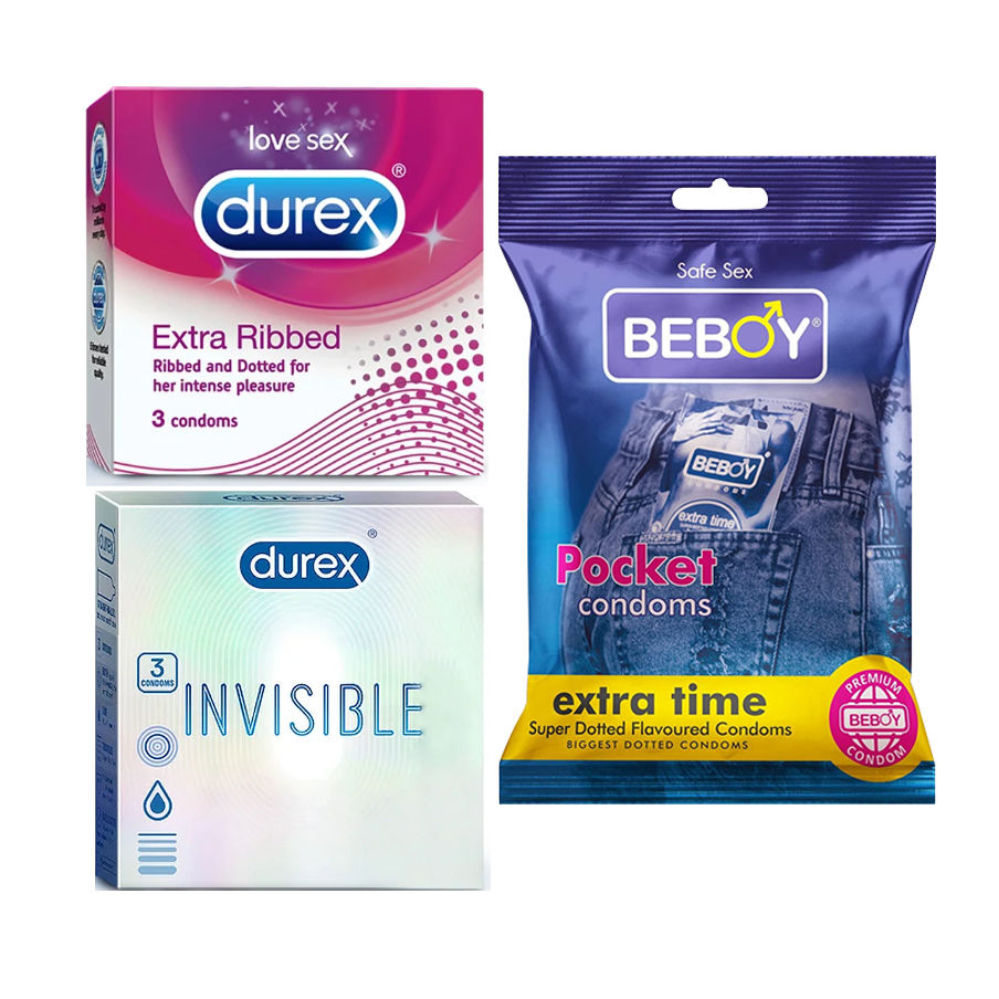 Durex Sensuality Combo = 9pcs Condom + Durex Invisible 3s + Durex Extra Ribbed 3s + Beboy Extra Time 3s Condom