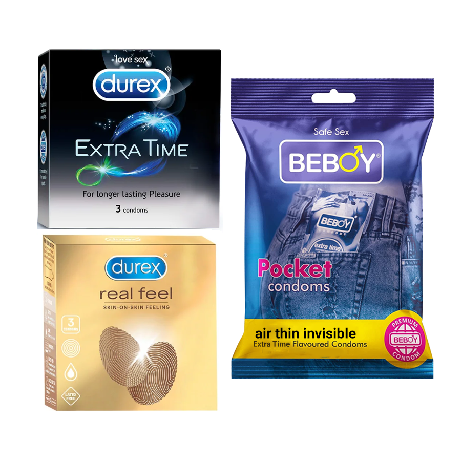 Durex SafeSkins Combo = 9Pcs Condom + Durex Extra Time 3s + Durex Real Feel 3s + Beboy Air Thin Invisible 3s Condom